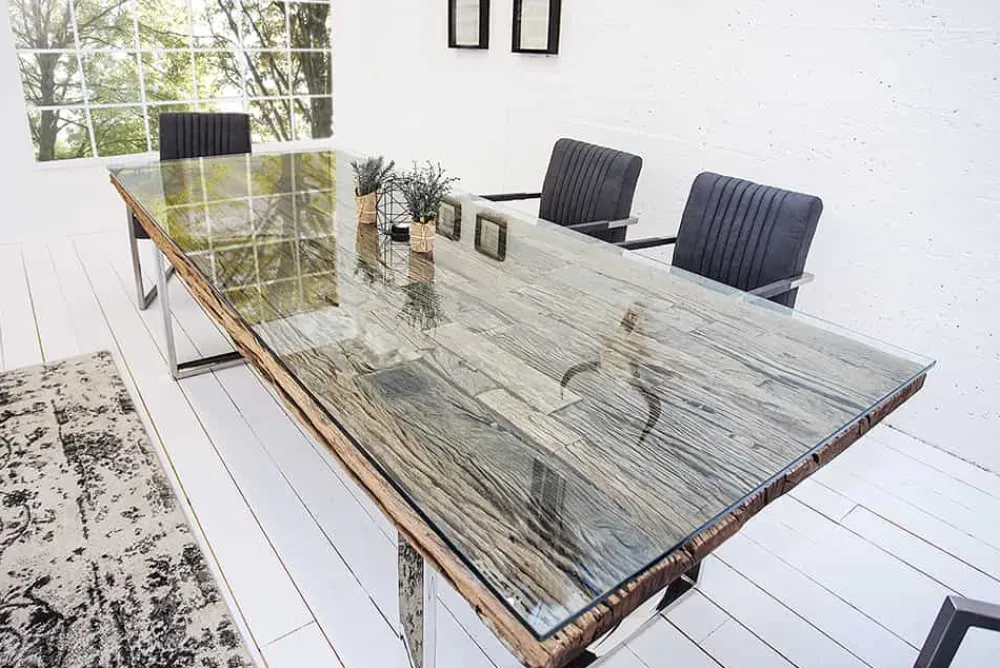 Riess-Ambiente Esstische|Mehr... > Massiver Esstisch BARRACUDA 180cm antik Teak Holz mit Stahl Kufenfüßen inkl. Glasplatte