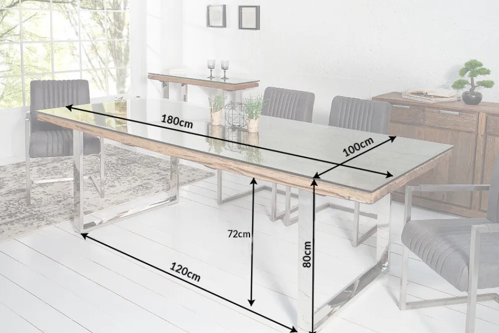 Riess-Ambiente Esstische|Mehr... > Massiver Esstisch BARRACUDA 180cm antik Teak Holz mit Stahl Kufenfüßen inkl. Glasplatte