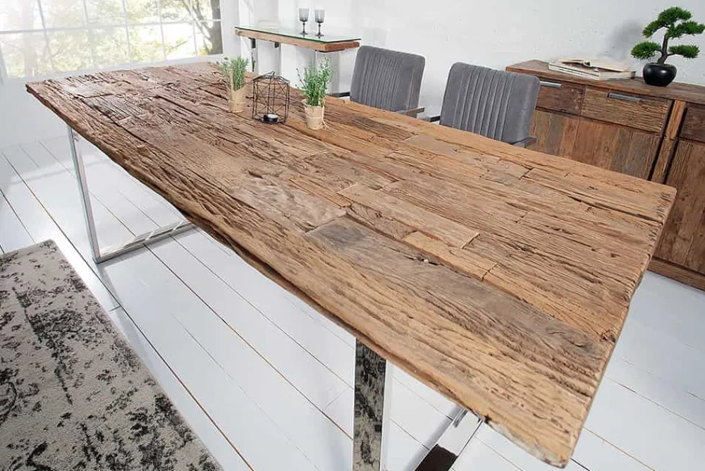 Riess-Ambiente Esstische|Mehr... > Massiver Esstisch BARRACUDA 180cm antik Teak Holz mit Stahl Kufenfüßen inkl. Glasplatte
