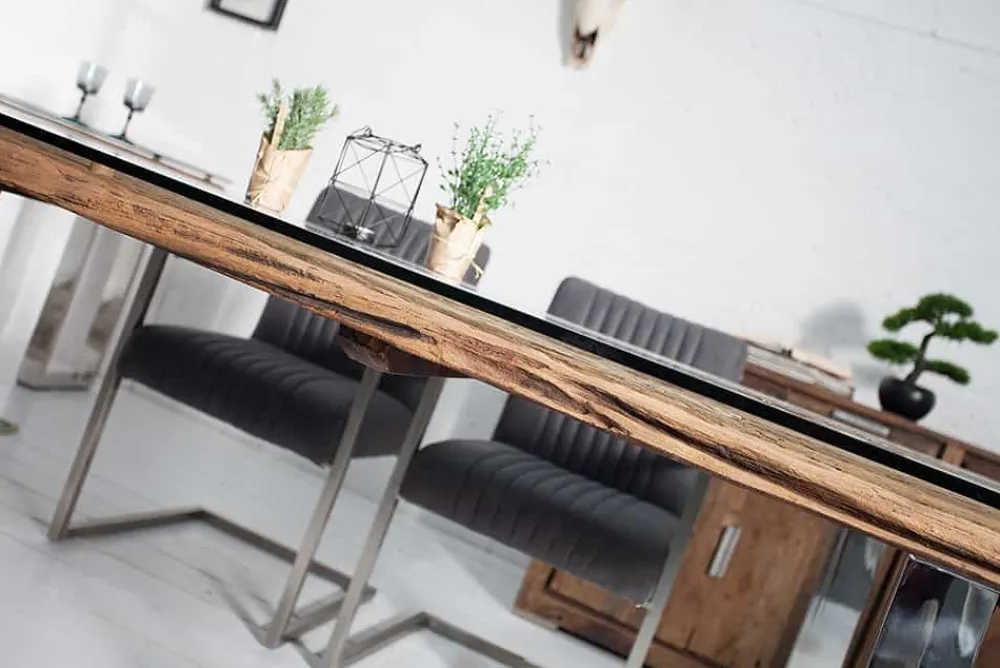 Riess-Ambiente Esstische|Mehr... > Massiver Esstisch BARRACUDA 180cm antik Teak Holz mit Stahl Kufenfüßen inkl. Glasplatte