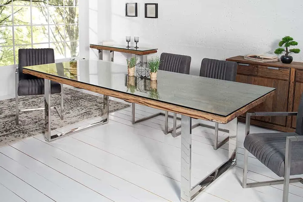 Riess-Ambiente Esstische|Mehr... > Massiver Esstisch BARRACUDA 180cm antik Teak Holz mit Stahl Kufenfüßen inkl. Glasplatte