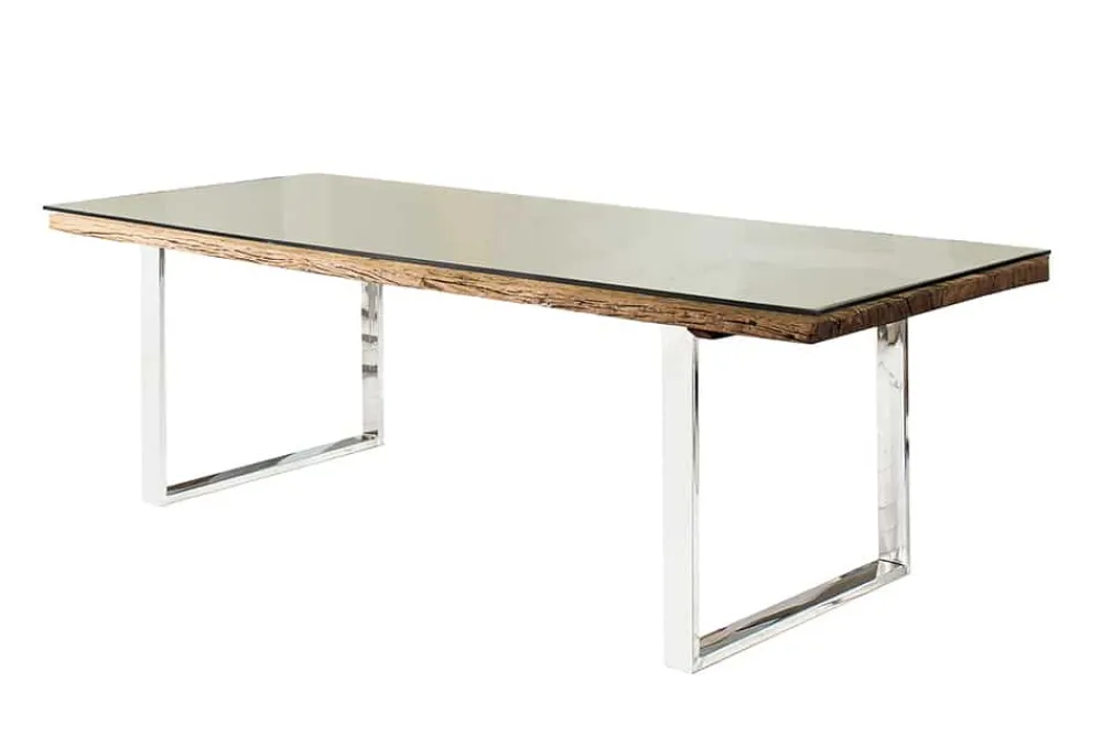 Riess-Ambiente Esstische|Mehr... > Massiver Esstisch BARRACUDA 180cm antik Teak Holz mit Stahl Kufenfüßen inkl. Glasplatte
