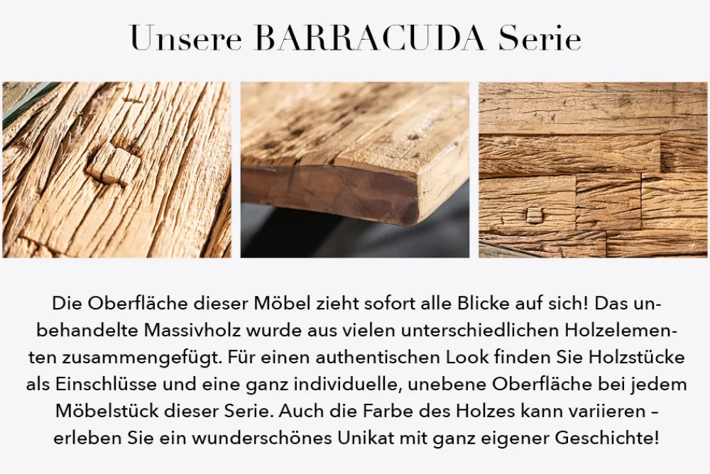 Riess-Ambiente Esstische|Mehr... > Massiver Esstisch BARRACUDA 180cm antik Teak Holz mit Stahl Kufenfüßen inkl. Glasplatte