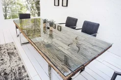 Riess-Ambiente Esstische|Mehr... > Massiver Esstisch BARRACUDA 240cm antik Teak Holz mit Stahl Kufenfüßen inkl. Glasplatte