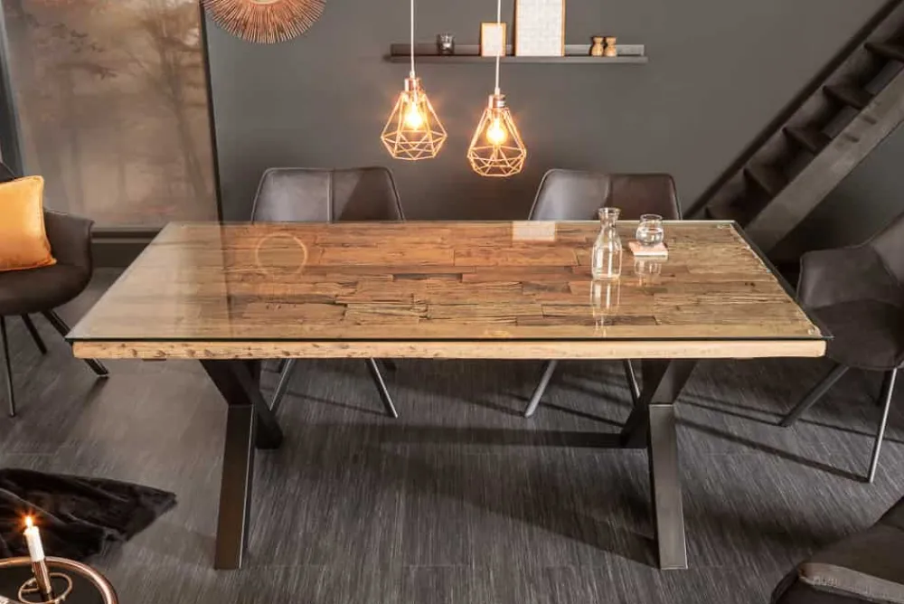 Riess-Ambiente Esstische|Mehr... > Massiver Esstisch BARRACUDA 180cm Teakholz inkl. Glasplatte mit X-Gestell