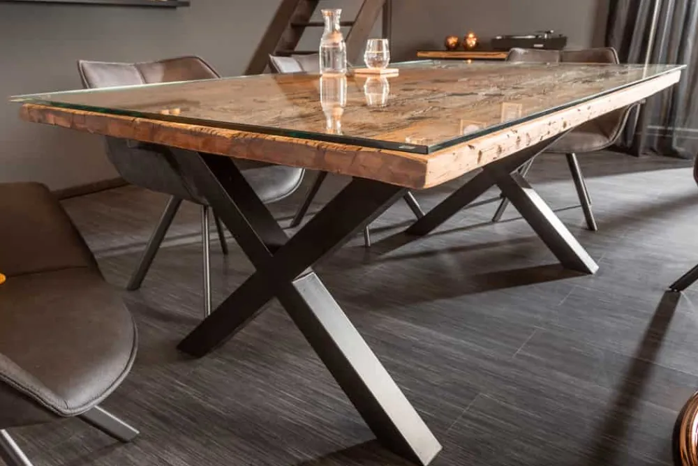 Riess-Ambiente Esstische|Mehr... > Massiver Esstisch BARRACUDA 180cm Teakholz inkl. Glasplatte mit X-Gestell
