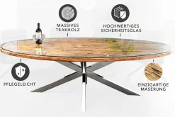 Riess-Ambiente Mehr...|Massivholzesstische > Massiver Esstisch BARRACUDA 220cm braun Teakholz silber Sterngestell Glasplatte