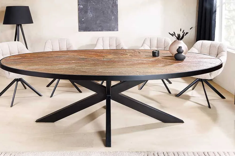 Riess-Ambiente Industrial Loft|Esstische > Massiver Esstisch MOUNTAIN SOUL 240cm rötlich grün schwarz oval Naturstein Eisen