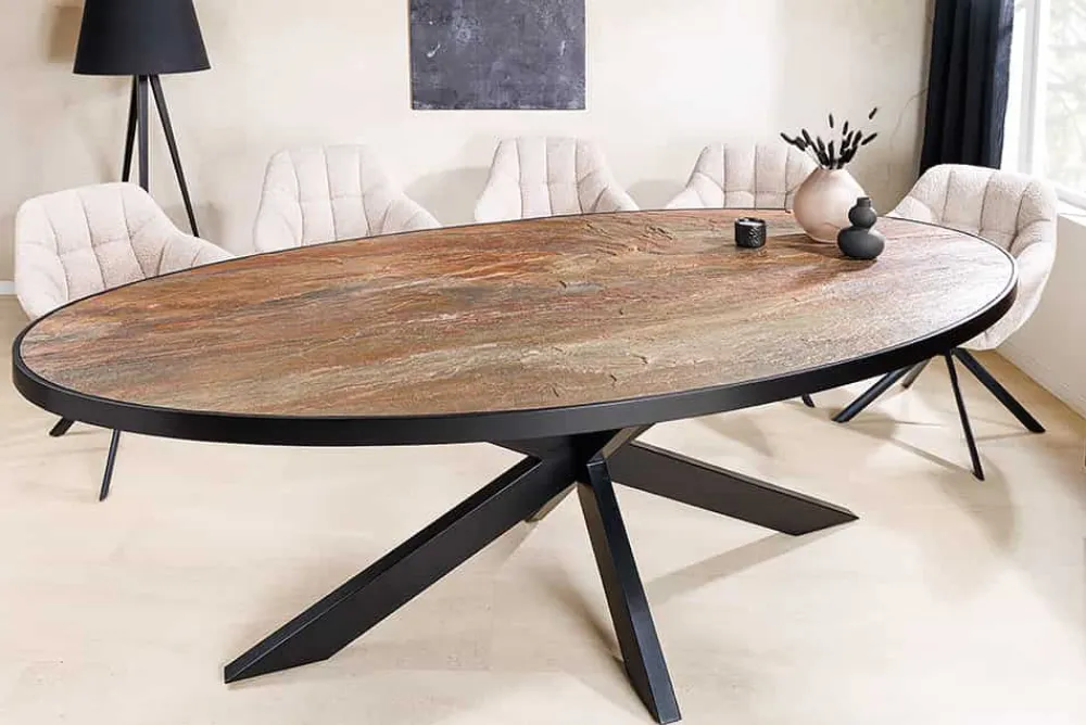 Riess-Ambiente Industrial Loft|Esstische > Massiver Esstisch MOUNTAIN SOUL 240cm rötlich grün schwarz oval Naturstein Eisen