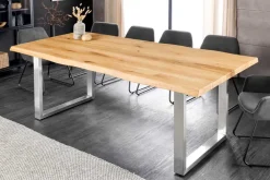 Riess-Ambiente Mehr...|Massivholztische > Massiver Esstisch WILD OAK 200cm natur silber Wildeiche Baumkante Edelstahl U-Gestell