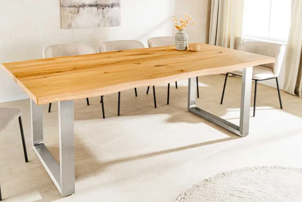 Riess-Ambiente Esstische|Mehr... > Massiver Esstisch WILD OAK 160cm natur silber Wildeiche Baumkante Edelstahl U-Gestell