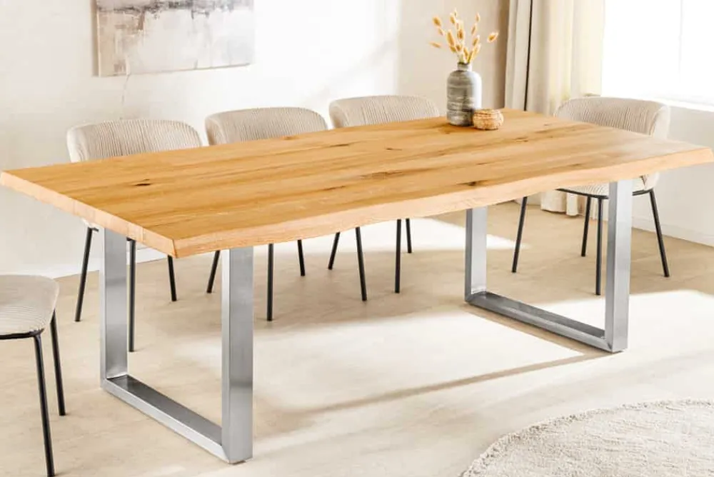 Riess-Ambiente Esstische|Mehr... > Massiver Esstisch WILD OAK 160cm natur silber Wildeiche Baumkante Edelstahl U-Gestell
