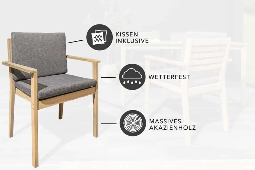 Riess-Ambiente Haus & Garten|Mehr... > Massiver Gartenstuhl KOPENHAGEN natur Akazienholz anthrazit In- und Outdoor inkl. Kissen
