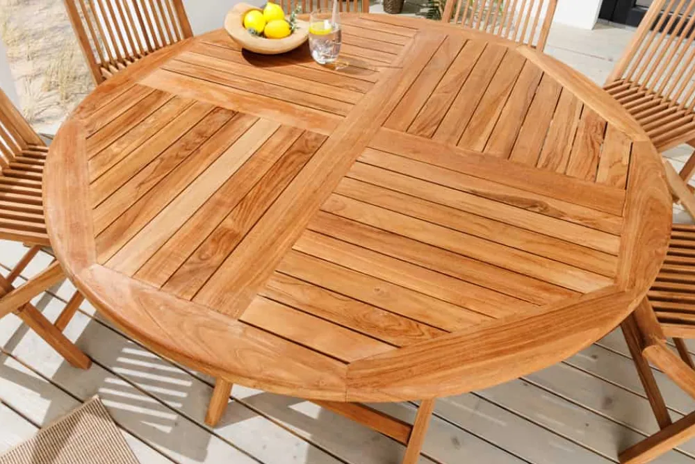 Riess-Ambiente Mehr...|Massivholz Gartenmöbel > Massiver Gartentisch EMPIRE TEAK 120cm natur Teakholz rund klappbar Outdoor Balkontisch