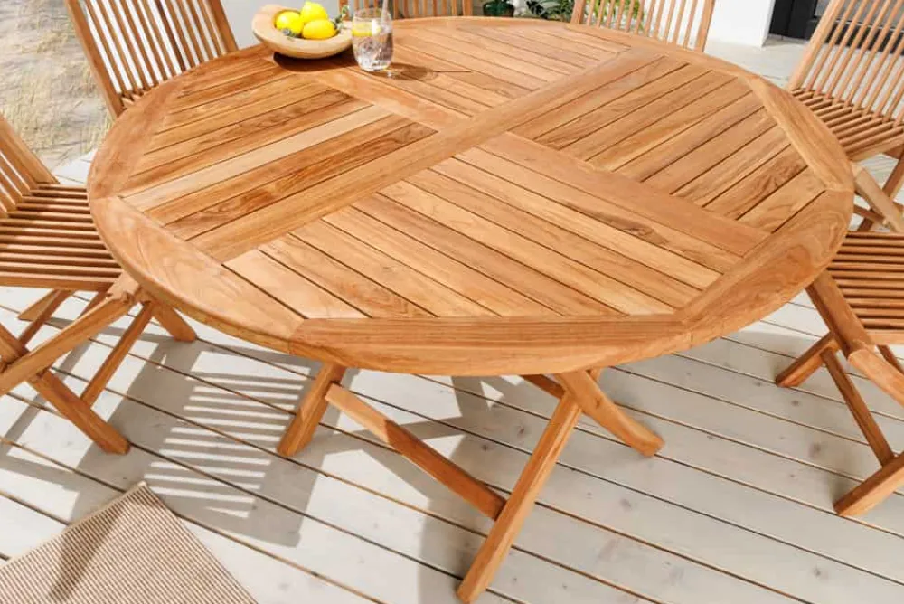 Riess-Ambiente Mehr...|Massivholz Gartenmöbel > Massiver Gartentisch EMPIRE TEAK 120cm natur Teakholz rund klappbar Outdoor Balkontisch