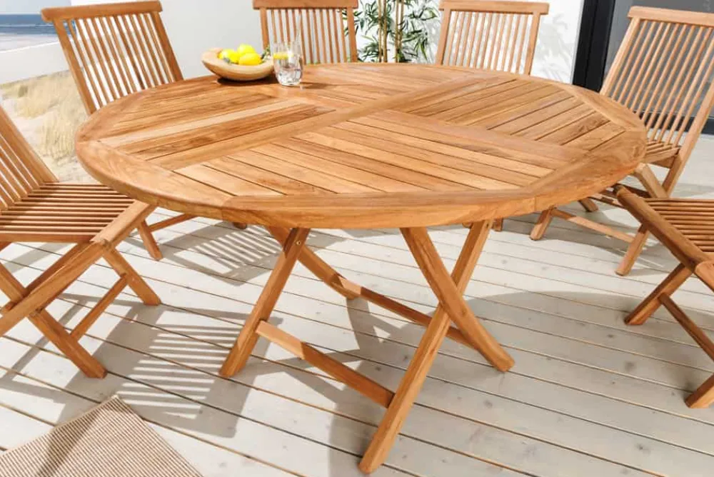 Riess-Ambiente Mehr...|Massivholz Gartenmöbel > Massiver Gartentisch EMPIRE TEAK 120cm natur Teakholz rund klappbar Outdoor Balkontisch
