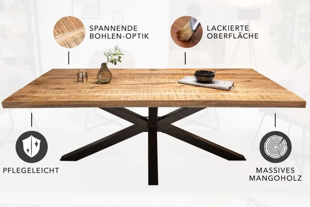 Riess-Ambiente Esstische|Mehr... > Massiver Industrial Esstisch GALAXIE 160cm Mangoholz sternenförmiges Gestell