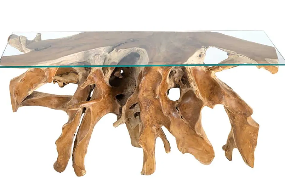 Riess-Ambiente Konsolentische|Mehr... > Massiver Konsolentisch ROOT 150cm natur Teak Massivholz aus Wurzelholz Glasplatte