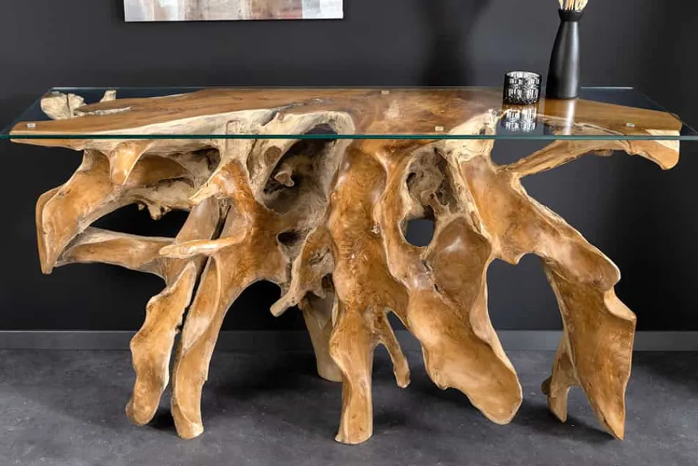Riess-Ambiente Konsolentische|Mehr... > Massiver Konsolentisch ROOT 150cm natur Teak Massivholz aus Wurzelholz Glasplatte