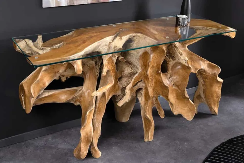 Riess-Ambiente Konsolentische|Mehr... > Massiver Konsolentisch ROOT 150cm natur Teak Massivholz aus Wurzelholz Glasplatte