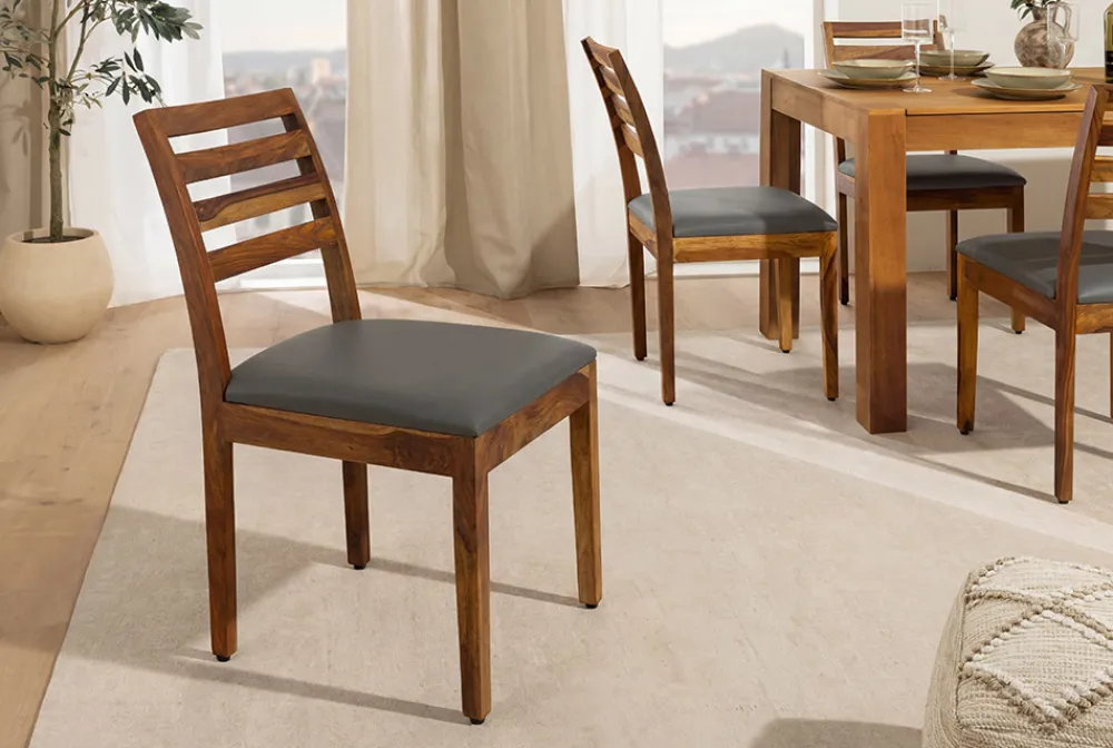 Riess-Ambiente Mehr...|Massivholzstühle > Massiver Stuhl MAKASSAR braun stone finish Sheesham dunkelgrau Kunstleder