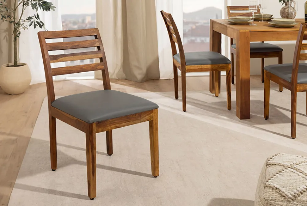 Riess-Ambiente Mehr...|Massivholzstühle > Massiver Stuhl MAKASSAR braun stone finish Sheesham dunkelgrau Kunstleder
