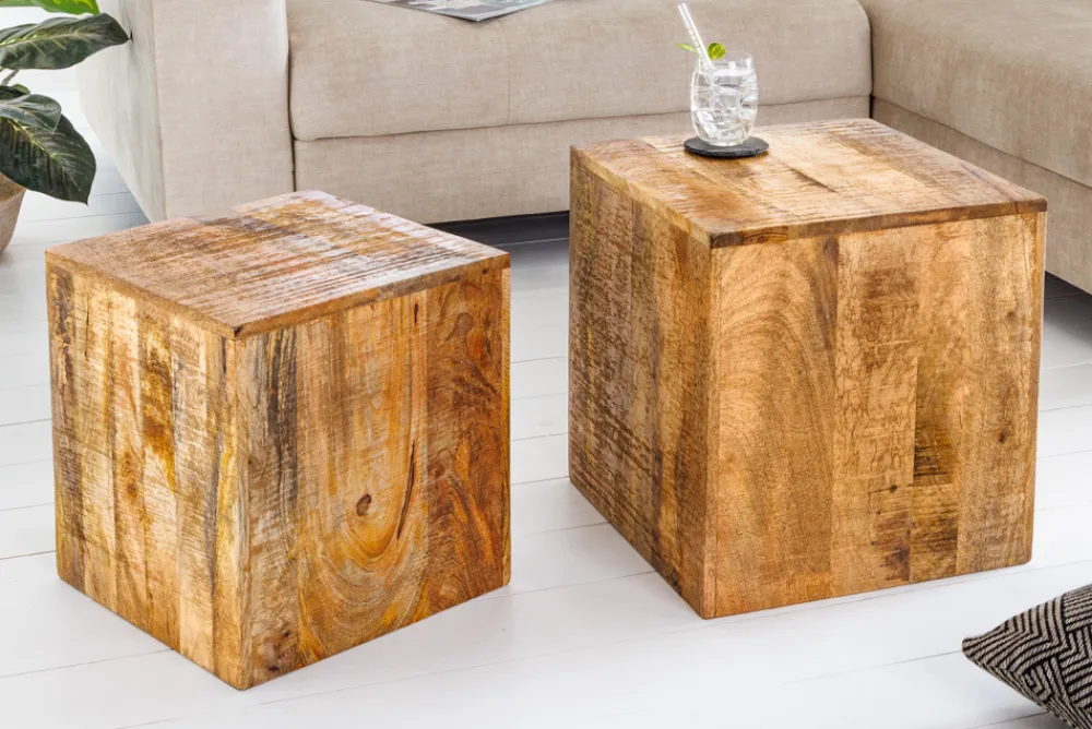 Riess-Ambiente Mehr...|Couchtische > Massives 2er Set Beistelltisch CURACAO 45cm natur Mangoholz Würfel handmade Couchtisch