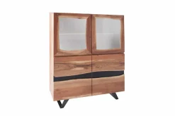 Riess-Ambiente Highboards|Industrial Loft > Massives Highboard AMAZONAS 140cm Akazie Metall Vitrine Baumkante