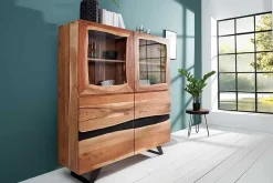 Riess-Ambiente Highboards|Industrial Loft > Massives Highboard AMAZONAS 140cm Akazie Metall Vitrine Baumkante