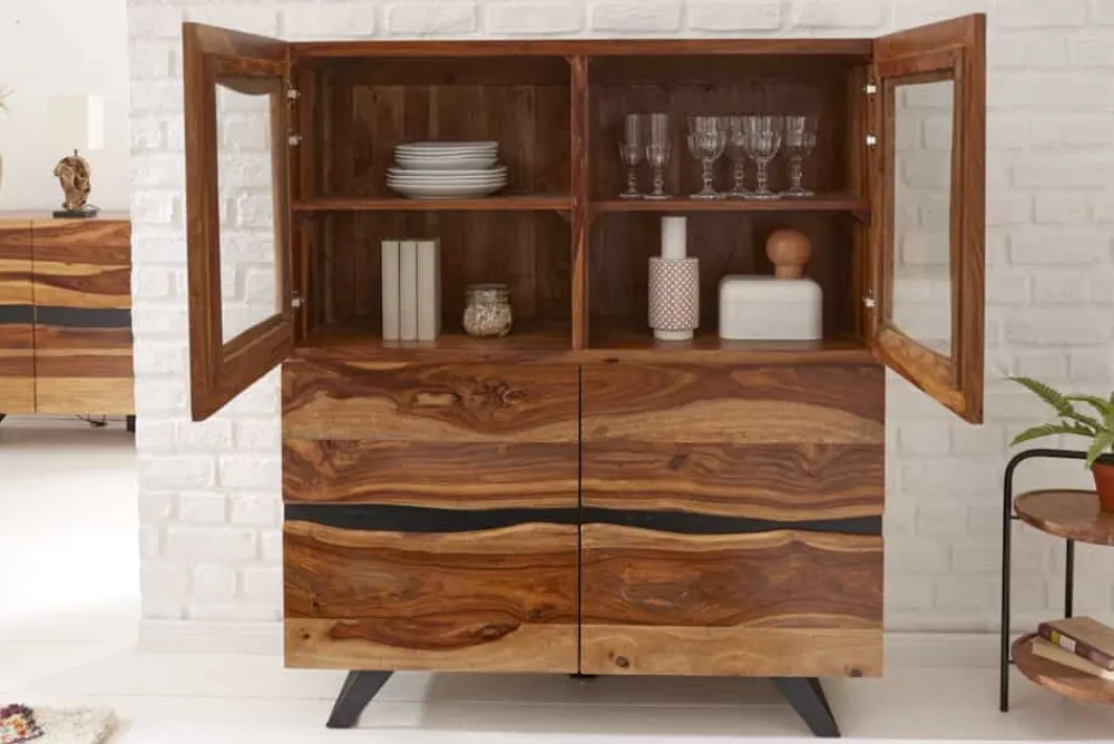 Riess-Ambiente Highboards|Industrial Loft > Massives Highboard AMAZONAS 140cm braun Sheeshamholz Vitrine mit Baumkante