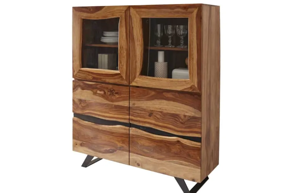 Riess-Ambiente Highboards|Industrial Loft > Massives Highboard AMAZONAS 140cm braun Sheeshamholz Vitrine mit Baumkante