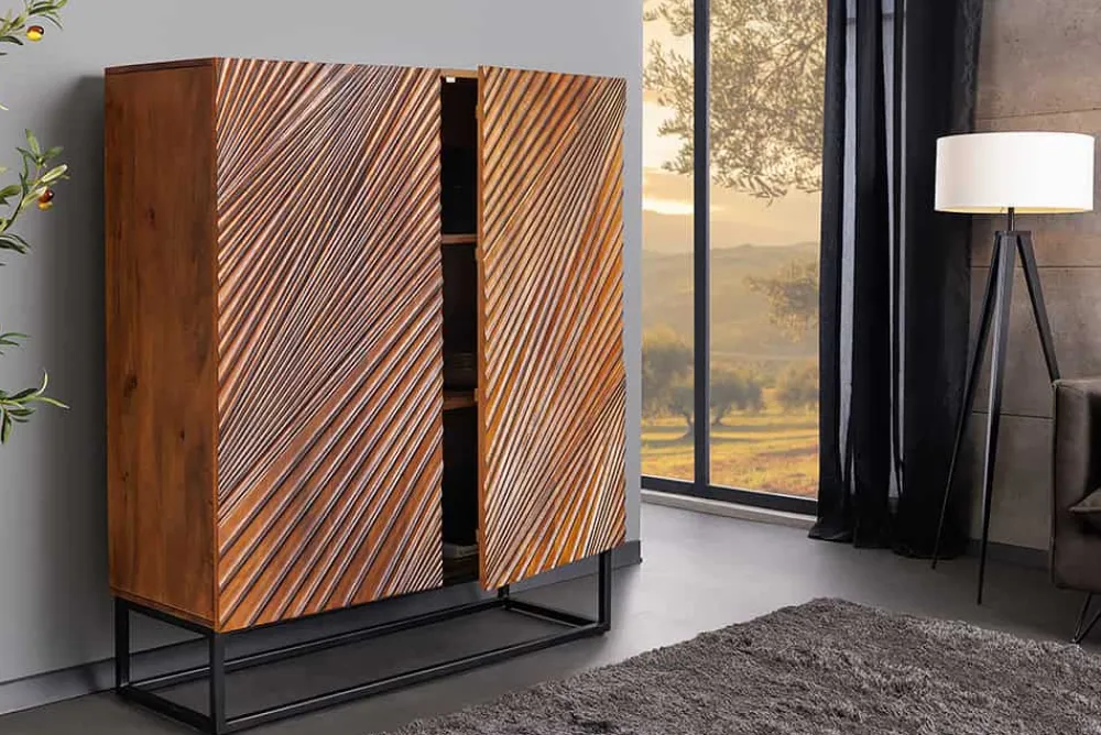 Riess-Ambiente Mehr...|Massivholzschränke > Massives Highboard ART 120cm braun Mangoholz 3D-Design schwarz Metall