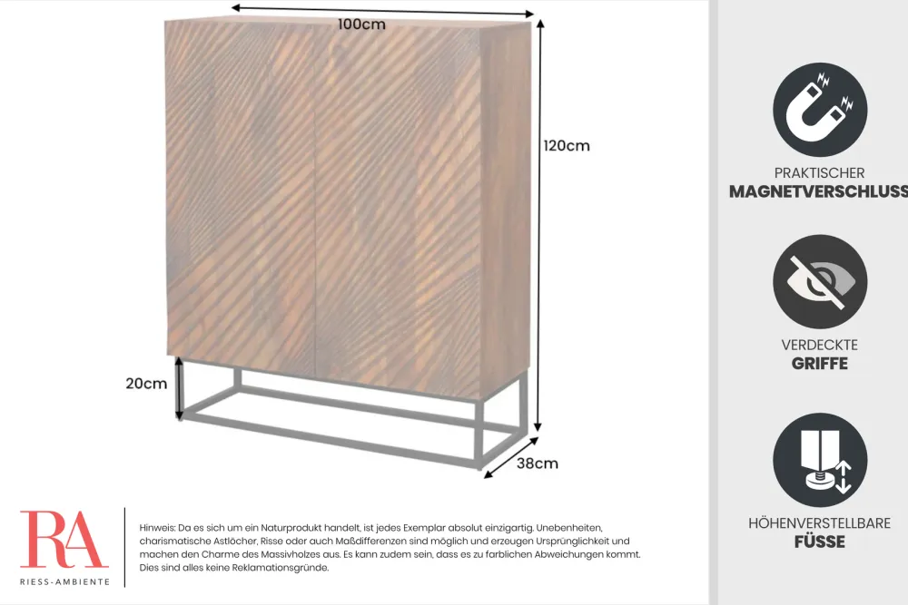 Riess-Ambiente Mehr...|Massivholzschränke > Massives Highboard ART 120cm braun Mangoholz 3D-Design schwarz Metall