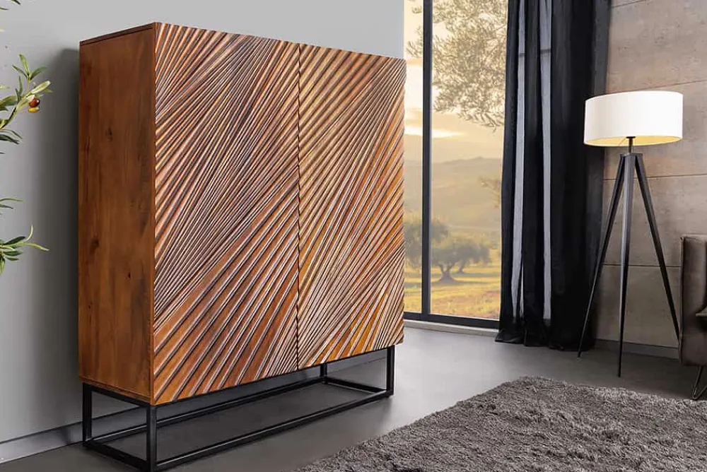 Riess-Ambiente Mehr...|Massivholzschränke > Massives Highboard ART 120cm braun Mangoholz 3D-Design schwarz Metall