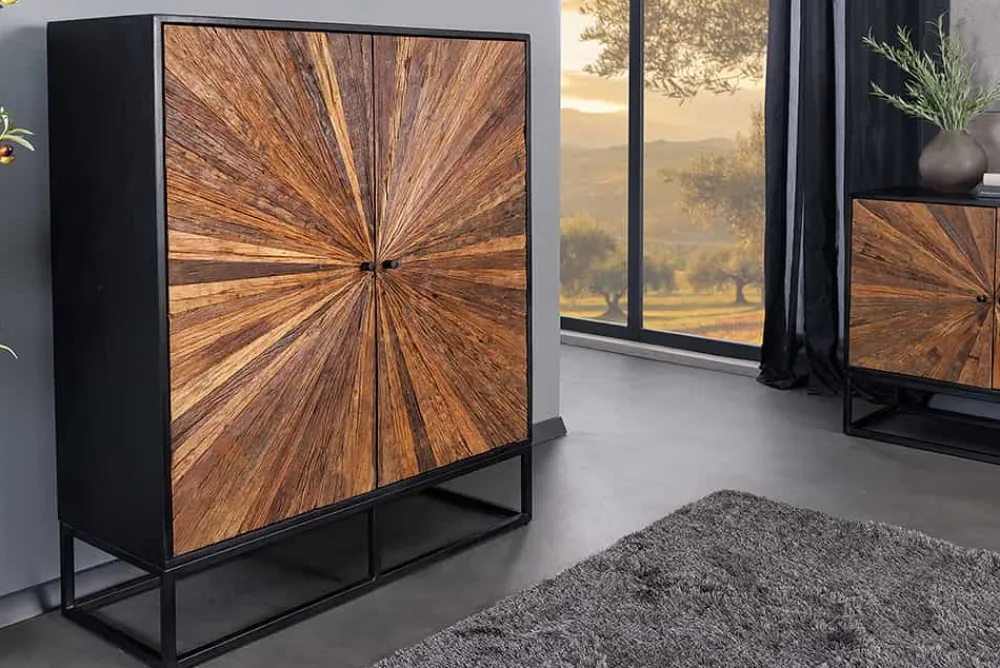 Riess-Ambiente Mehr...|Massivholzschränke > Massives Highboard BARRACUDA 120cm braun Mangoholz mit Teakholz-Front schwarz Metall