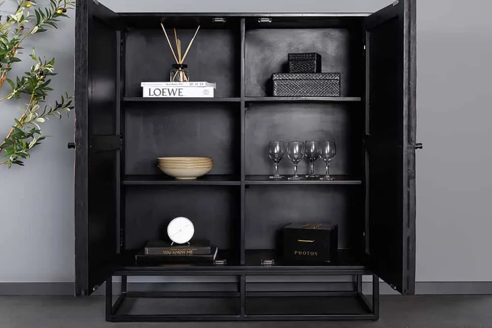 Riess-Ambiente Mehr...|Massivholzschränke > Massives Highboard BARRACUDA 120cm braun Mangoholz mit Teakholz-Front schwarz Metall