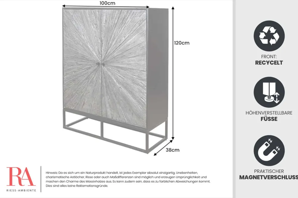 Riess-Ambiente Mehr...|Massivholzschränke > Massives Highboard BARRACUDA 120cm grau Mangoholz mit Teakholz-Front schwarz Metall