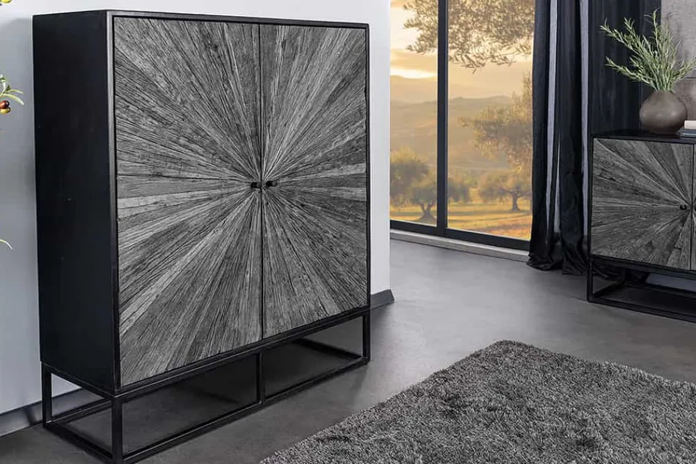 Riess-Ambiente Mehr...|Massivholzschränke > Massives Highboard BARRACUDA 120cm grau Mangoholz mit Teakholz-Front schwarz Metall