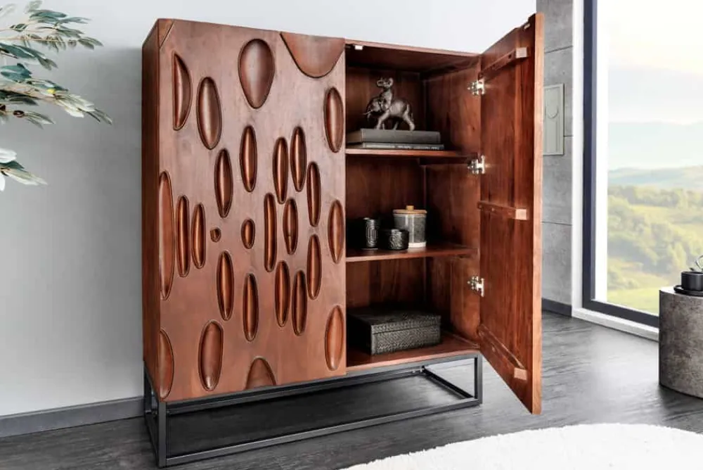 Riess-Ambiente Mehr...|Massivholzschränke > Massives Highboard DUNE 120cm walnuss-braun Akazienholz 3D-Design schwarz Metall