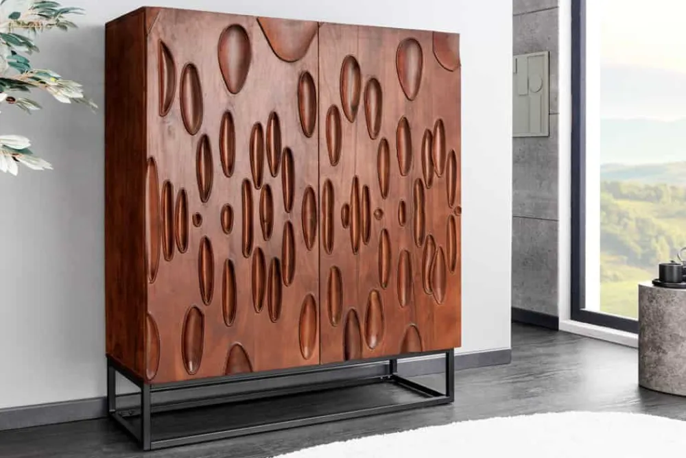Riess-Ambiente Mehr...|Massivholzschränke > Massives Highboard DUNE 120cm walnuss-braun Akazienholz 3D-Design schwarz Metall