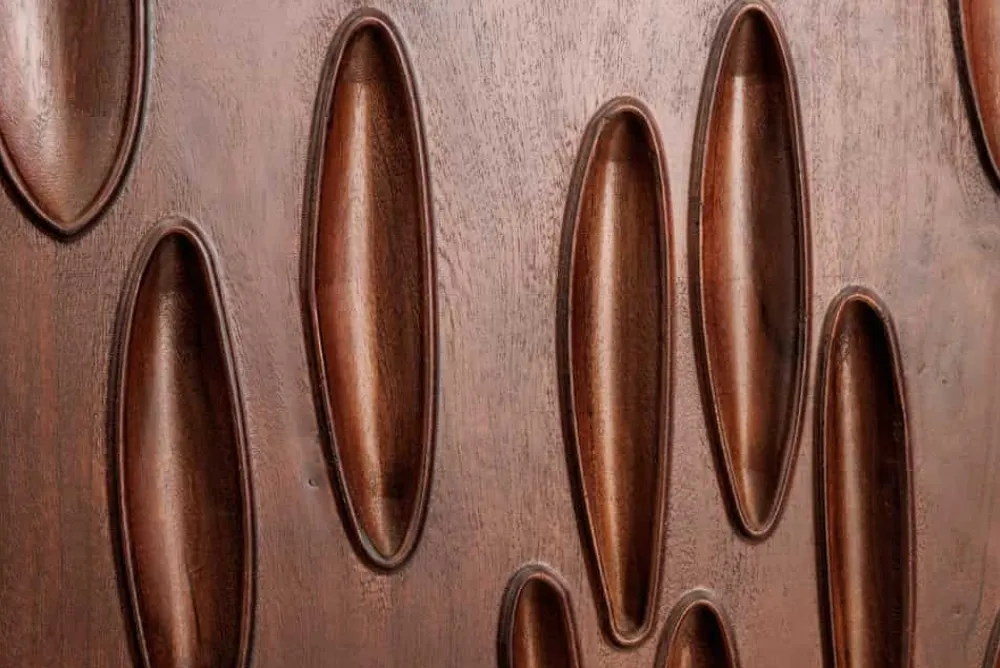 Riess-Ambiente Mehr...|Massivholzschränke > Massives Highboard DUNE 120cm walnuss-braun Akazienholz 3D-Design schwarz Metall