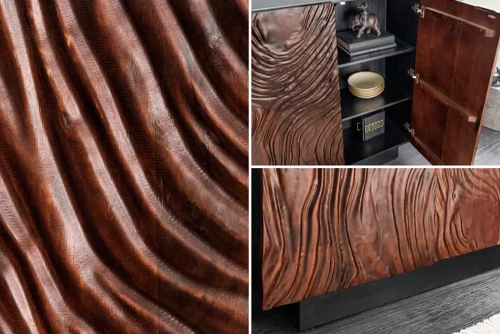 Riess-Ambiente Mehr...|Massivholzschränke > Massives Highboard FLUID 110cm walnuss-braun Akazienholz aufwendiges 3D-Design