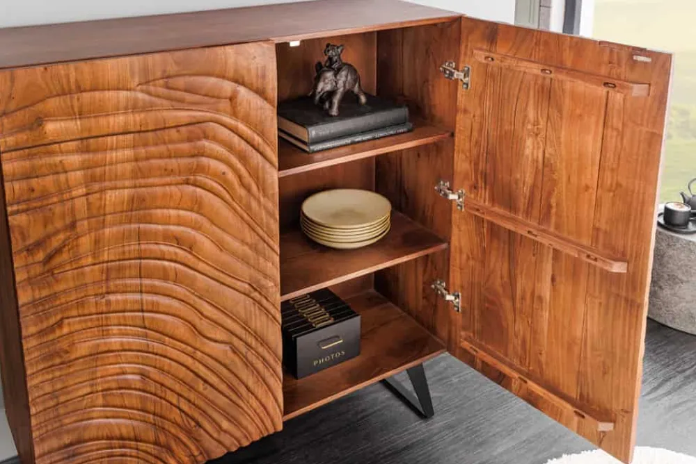 Riess-Ambiente Mehr...|Massivholzschränke > Massives Highboard FLUID 120cm walnuss-braun Akazienholz 3D-Design Kufengestell
