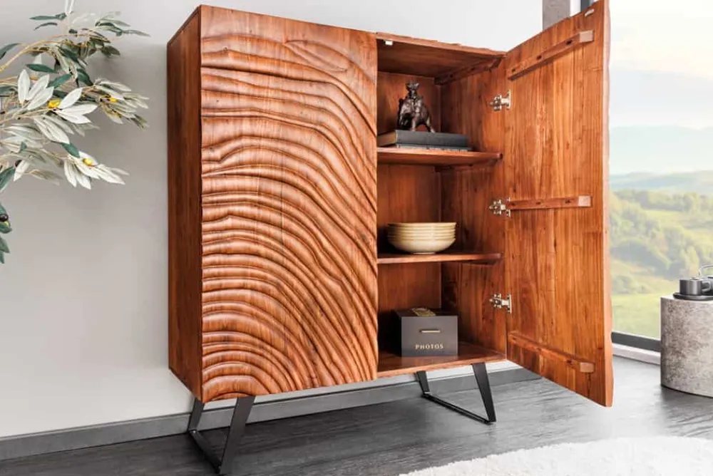 Riess-Ambiente Mehr...|Massivholzschränke > Massives Highboard FLUID 120cm walnuss-braun Akazienholz 3D-Design Kufengestell