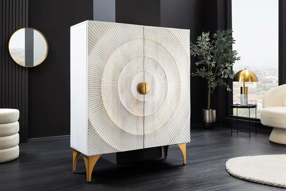 Riess-Ambiente Mehr...|Massivholzschränke > Massives Highboard GOLDEN SUNSET 120cm weiß gold Mangoholz mit 3D Schnitzereien