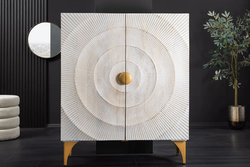 Riess-Ambiente Mehr...|Massivholzschränke > Massives Highboard GOLDEN SUNSET 120cm weiß gold Mangoholz mit 3D Schnitzereien
