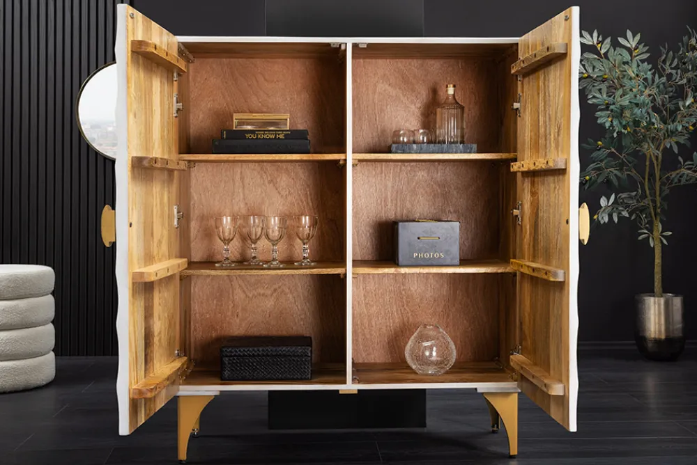 Riess-Ambiente Mehr...|Massivholzschränke > Massives Highboard GOLDEN SUNSET 120cm weiß gold Mangoholz mit 3D Schnitzereien