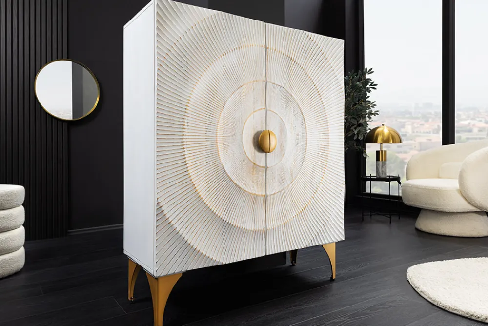 Riess-Ambiente Mehr...|Massivholzschränke > Massives Highboard GOLDEN SUNSET 120cm weiß gold Mangoholz mit 3D Schnitzereien