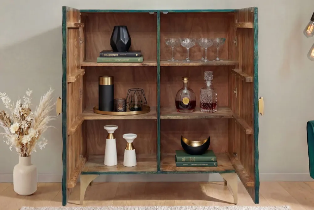 Riess-Ambiente Mehr...|Massivholzschränke > Massives Highboard GOLDEN SUNSET 120cm türkis gold Mangoholz mit 3D Schnitzereien