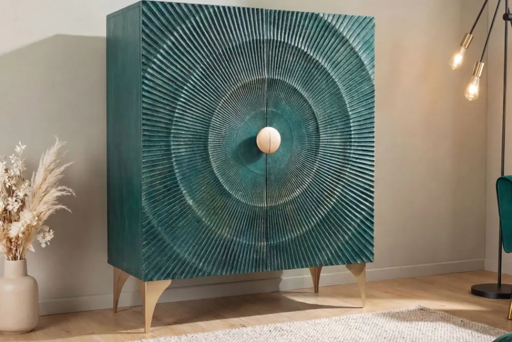 Riess-Ambiente Mehr...|Massivholzschränke > Massives Highboard GOLDEN SUNSET 120cm türkis gold Mangoholz mit 3D Schnitzereien